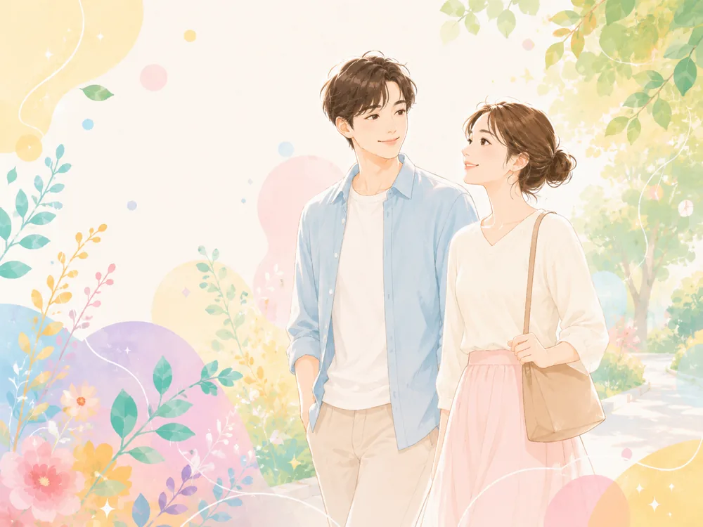 並んで歩きながら会話している男性と女性のイラスト