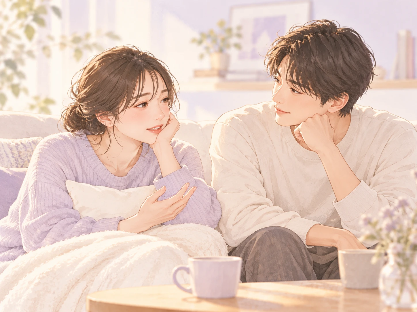 室内で向かい合い、穏やかに会話する男性と女性のイラスト